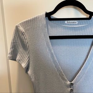 Reformation Nella Top Light Blue Ribbed V-Neck